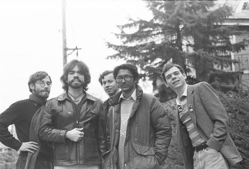 Photo of Jason C. Eckhardt, Robert M. Price, Peter Cannon, STJ, and Marc A. Michaud, 1981 or 1982