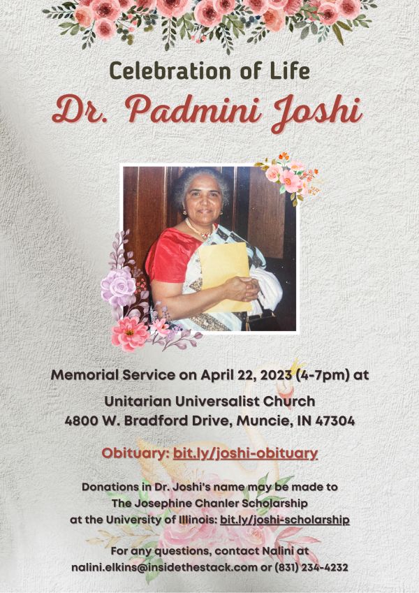 Flyer for the Celebration of Life for Dr. Pamini Joshi.
