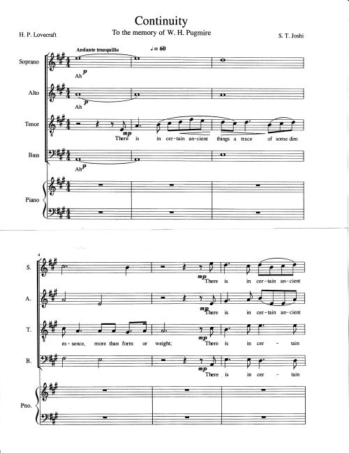 The first page of the musical score of 'Continuity' by S. T. Joshi, text by H. P. Lovecraft, dedicated to the memory of W. H. Pugmire.