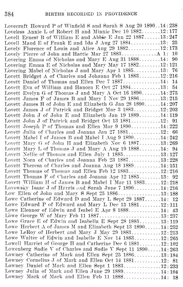 The page showing a record of Lovecraft's birth