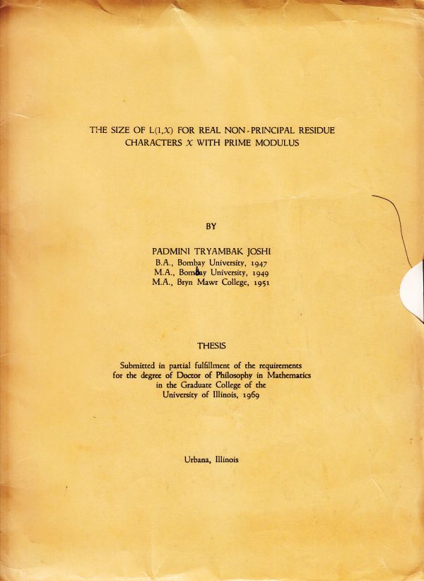cover of 'The Size of L(1,x) for Real Non-Principal Residue Characters X with Prime Modulus', the Ph.D Mathematics thesis by Padmini Tryambak Joshi, University of Illinois, 1969