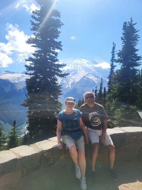 Mary and S. T. in front of Mount Rainier