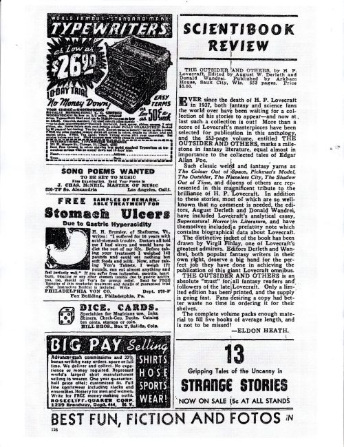 Derleth reviewing his own book using a pseudonym in Thrilling Wonder Stories