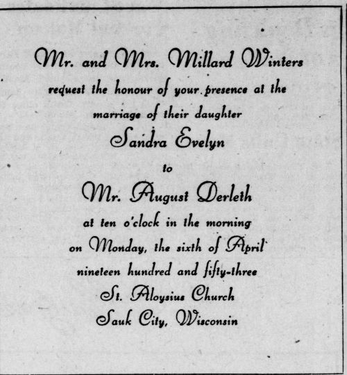 Announcement of the wedding of August Derleth and Sandra Winters