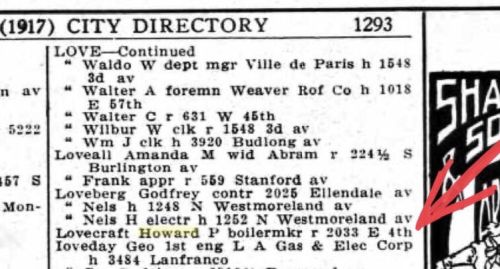 Section of the 1917 Los Angeles city directory showing one Howard P. Lovecraft