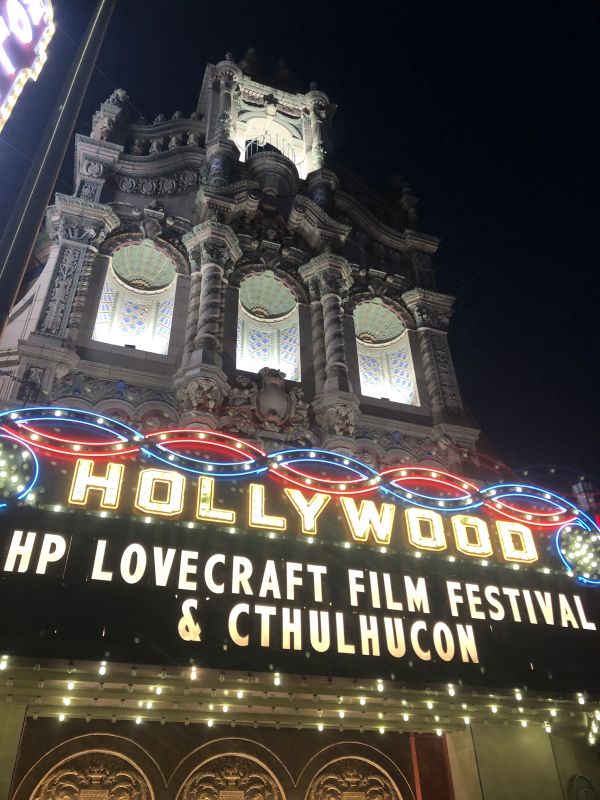 Hollywood Theatre marquee during the H. P. Lovecraft Film Festival & CthulhuCon 2023